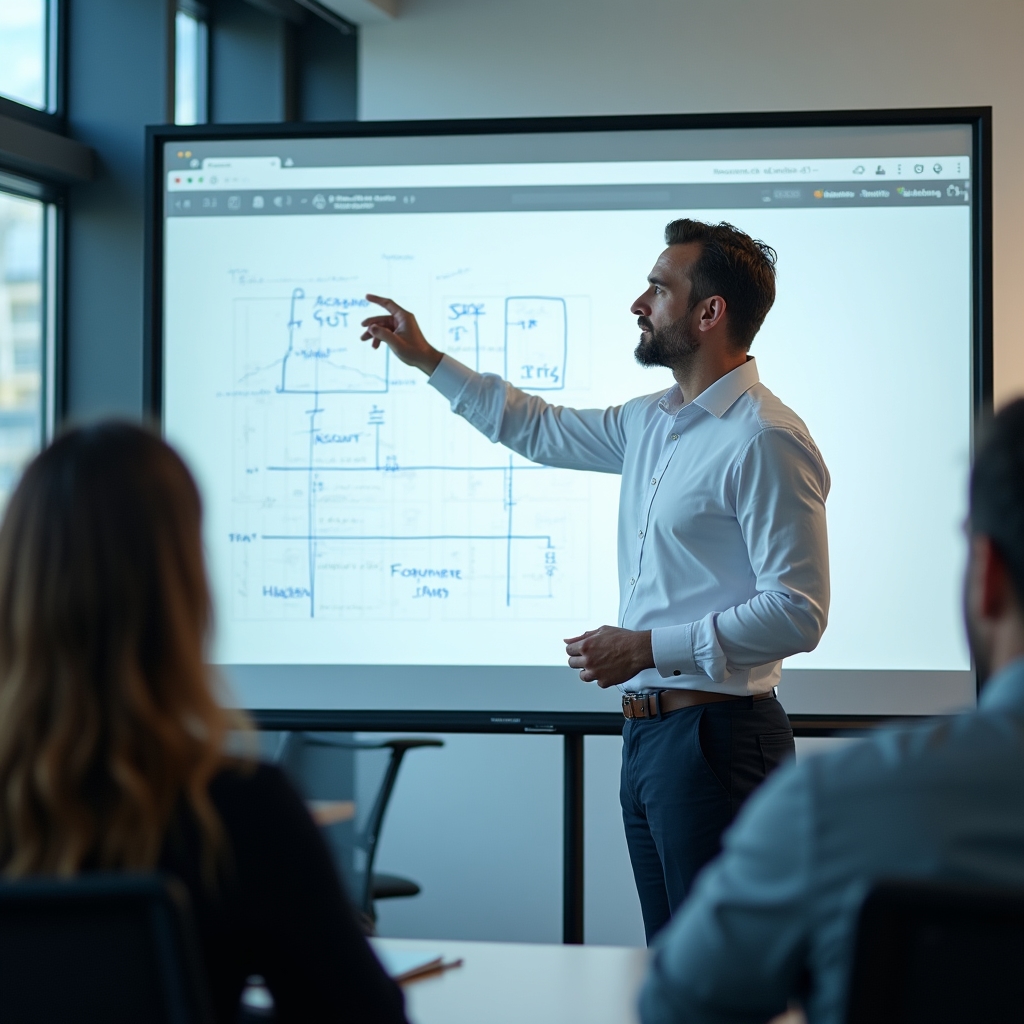 Dozent erklärt Buchführungskonzept auf einem digitalen Whiteboard, Teilnehmer im Hintergrund