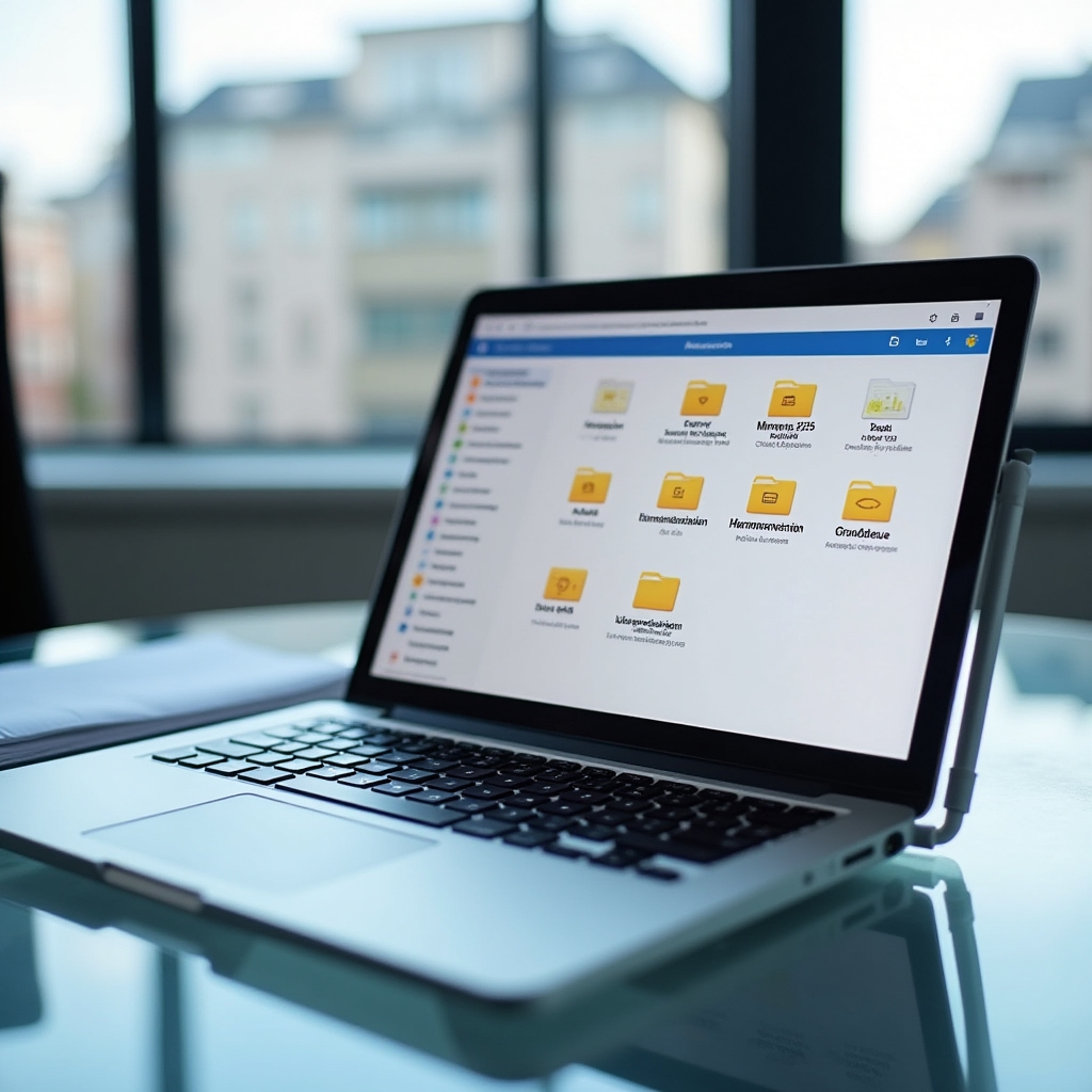 Digitale Belegablage für Immobilienverwaltung auf einem Laptop, strukturierte Ordner sichtbar